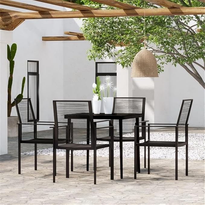 Afuera Living 5-Piece Modern Patio Dining Set, Powder-Coated Steel, Glass, PVC Hollow Rattan, Black Finish, Square Table and 4 Chairs, Water-Resistant, Comfortable Seating, Outdoor Garden or Terrace