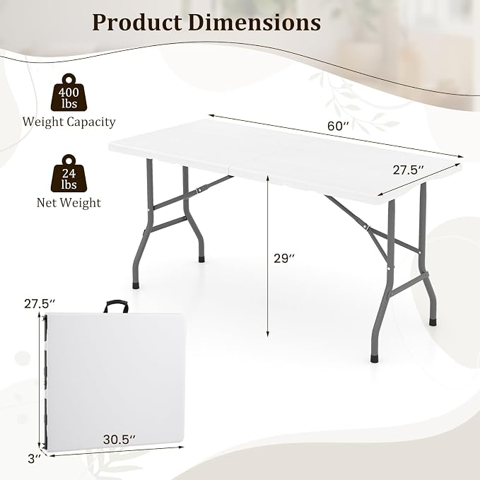 Goplus 5ft Folding Table, Indoor Outdoor Foldable Plastic Folding Tables, Heavy-Duty Rectangular Fold Up Table w/Handle, Portable Utility Card Table for Picnic, Party, Dining, Camping, Beach, White