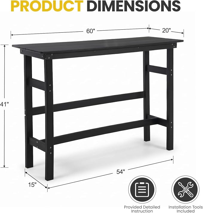 41.25" Outdoor Bar Table, Heavy Duty HDPE Console Table, Weather-Resistant Outdoor Console Table, Modern Bar Height Pub Table for Poolside/Garden/Backyard/Deck/Patio Furniture, Black