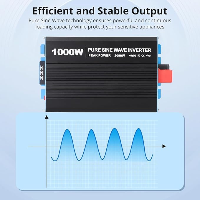 Power Inverter 1000 Watt Pure Sine Wave 12v DC to 110v/120v AC 2000 w Peak Converter for Family RV Off Grid Solar System with 2 AC Outlets LCD Display Remote Control and 2.1a USB Charging Port