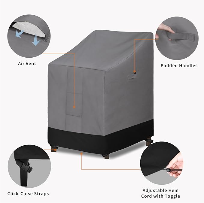 Easy-Going Heavy Duty Outdoor Stackable Chair Cover, Waterproof Patio Chair Cover, Windproof Outdoor Furniture Cover with Air Vent (1 Pack-28Wx36Dx47H inch, Gray/Black)