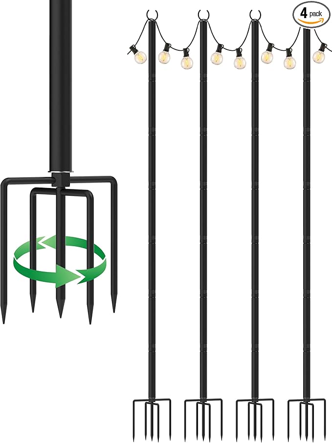 LAND·VOI Outdoor String Light Poles 4 Pack, Heavy Duty String Light Poles for Outside with 5-Prong Base & Adjustable Height, Perfect for Backyard, Patio, Garden, Fence and Party Decor