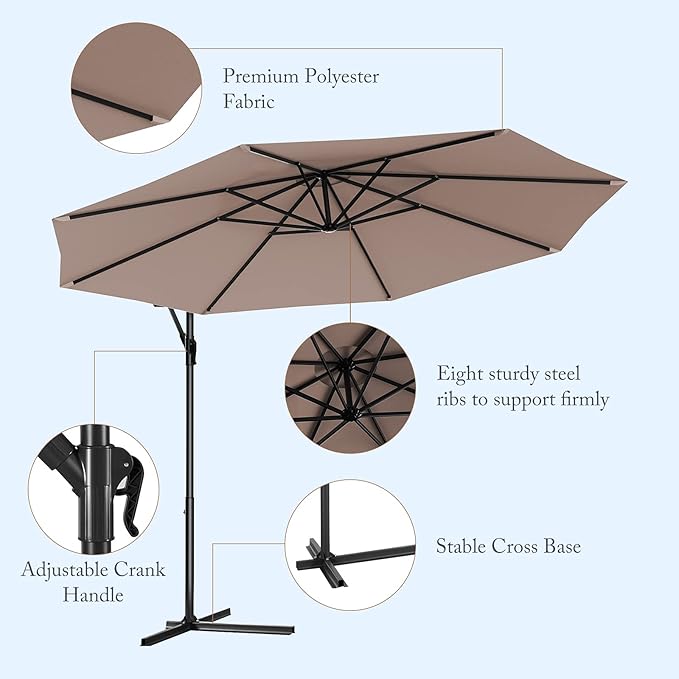 Giantex 10ft Offset Patio Umbrella with Cross Base, Tan, Polyester Fabric, 96% Sunlight Protection