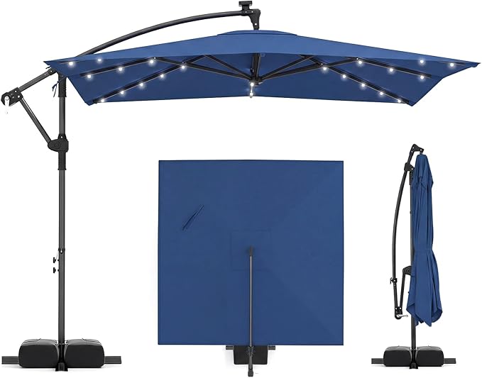 Tangkula 8x8 FT Solar Patio Umbrella with Base Included, Square Offset Cantilever Outdoor Umbrella with 360 Degree Rotation, 32 LED Lights, Crank Handle, 2 Sandbags, 8 Ribs, Air Vent for Pool Deck Garden Backyard