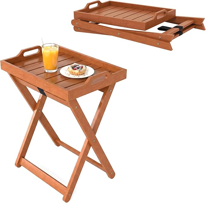 HAPPYGRILL Outdoor Wood Tray Table Folding Side Table with Removable Serving Tray, Portable Patio End Table for Porch, Garden, Backyard, Poolside (1)