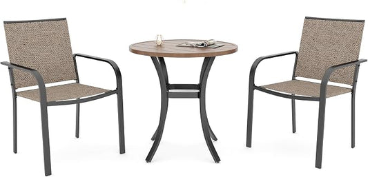 Anmutig Small Patio Dining Set with Outdoor 27.5" Wood-Like Brown Round Table Top and 2 Beige Stackable Chairs - 3 Piece
