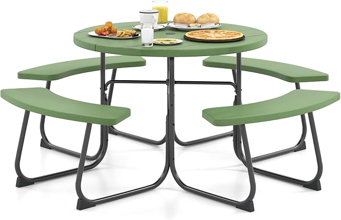Moccha Picnic Table Bench Set - Outdoor Table and Chairs with Umbrella Hole, HDPE Tabletop & Metal Frame, Dining Table Set, Outdoor Camping Table for Garden Backyard Porch Patio Table Set (Green)