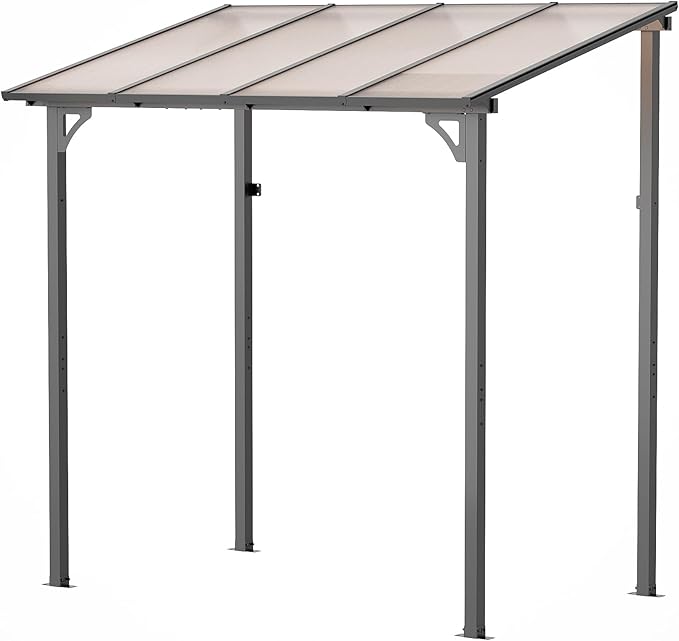 5' x 8' Lean to Gazeb,Hardtop Galvanized Steel Pergola with Sloped Polycarbonate Roof,Wall Mounted Gazebo Patio Canopy with Ground Anchor for Backyard Deck