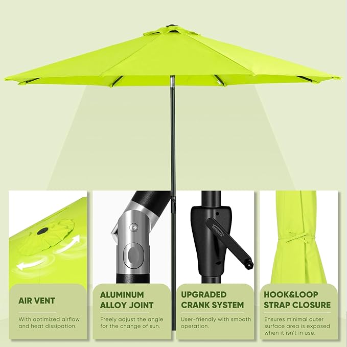 Tempera Patio Market Outdoor Table Umbrella with Push Button Tilt and Crank, Large Sun Umbrella with Sturdy Pole & Fade Resistant Canopy, Easy to Set
