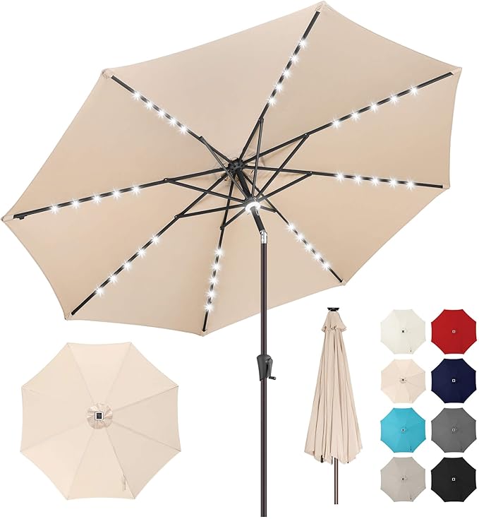 10ft Solar Umbrella Outdoor - Lighted Solar Patio Umbrella with 40 LED Lights Waterproof UV Protection, Table Umbrella with Tilt for Pool, Porch, Garden, Deck, Backyard (Beige)