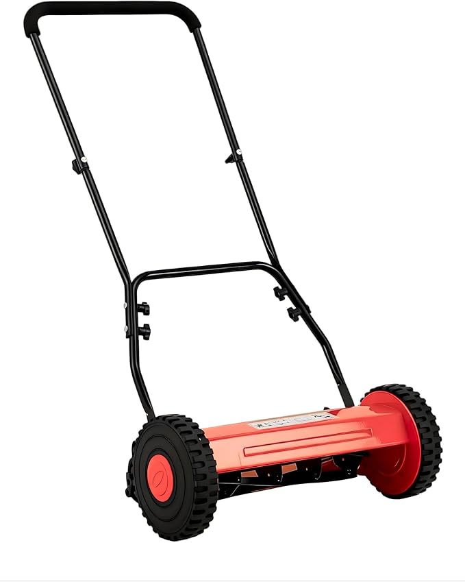 GlowSol Lightweight 5-Blade 16 inches Manual Push Reel Lawn Mower, 0.4-4in Adjustable Cutting Height, Quiet & Compact, Easy Assembly – Ideal for Small to Medium Yards – Red
