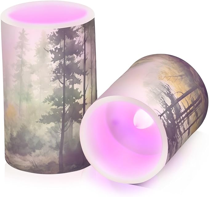 Watercolor Forest Pattern Flameless Candles Color Changing LED Candles with Remote Control Battery Candles for Outdoor and Indoor Home and Room Decoration, 3'' x 4''/5'' Set of 2 Pieces
