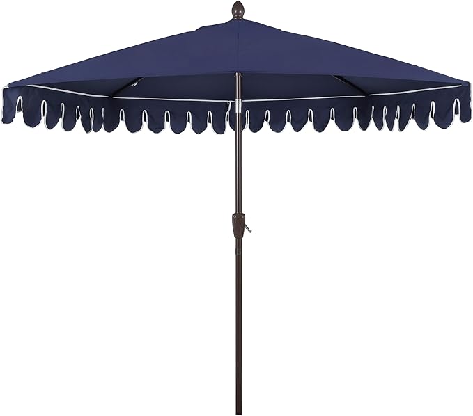 JONATHAN Y Terrace Scalloped 9 ft. Half Round Patio Umbrella with Crank Lift and Tilt, Coastal Semicircle Market Wall Umbrella for Balcony, Navy/White, Dark Brown Pole UMB1202B