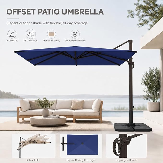 Cantilever Patio Umbrella, Large Square Outdoor Offset Umbrella with Aluminum Pole, 360-degree Rotation for Garden, Deck, Pool