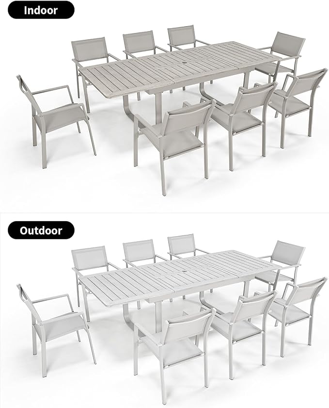 9 Pieces Extendable Outdoor Dining Table Set, Aluminum Patio Dining Set with Swivel Chairs, Expandable Outdoor Dining Table and 6 Stackable Textilene Dining Chairs for Deck, Balcony, Yard