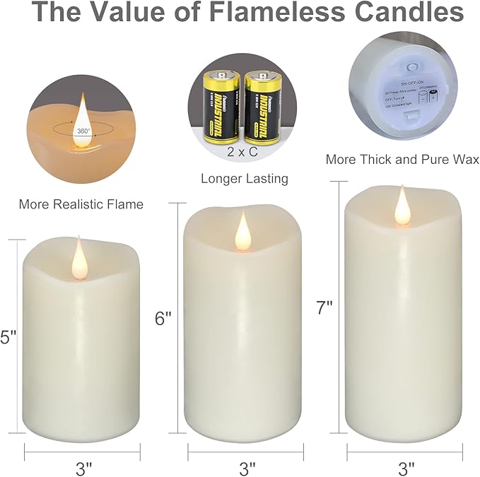 TECHLONG 3 Pack Flickering Flameless Candles Battery Operated with Timer, 3D Moving Flame Last 1000+ Hours, Ivory Real Wax Electric LED Pillar Candle for Wedding Christmas Decorations