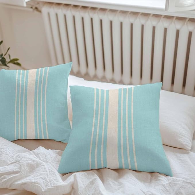 Vandarllin Outdoor Throw Pillows Covers 16x16 inch Set of 2 Waterproof Sky Blue Vertical Stripes Decorative Zippered Cushion Covers for Patio Furniture, Classic Striped Linen Lumbar Pillowcases
