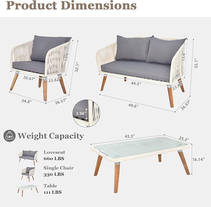 VINGLI 4 Pieces Outdoor Patio Furniture Set, Wicker Conversation Sofa Sets for Balcony, Porch or Backyard