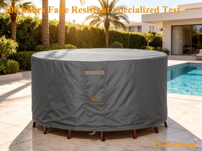 600D Heavy Duty Waterproof Patio Furniture Covers UV Resistant Round Outdoor Table Chair Covers Medium Round 62"Diax28"H Dark Grey