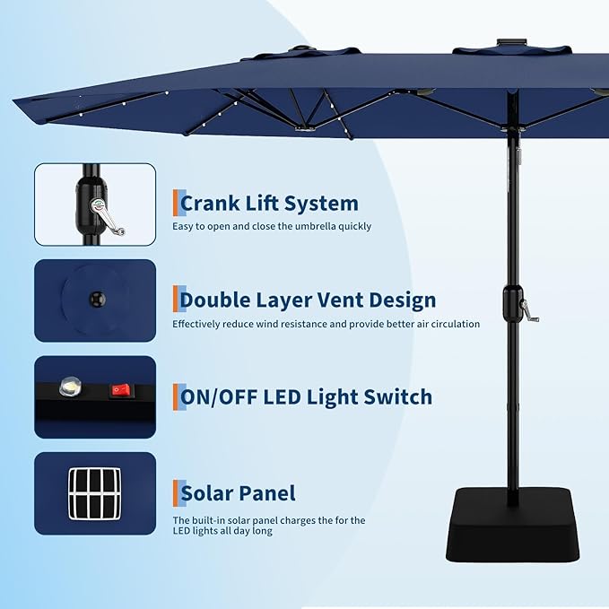 15FT Rectangular Patio Umbrella With Solar Lights & Base Included - Large Patio Umbrella With Crank Handle, UV Protection for Outdoor Market, Lawn, Backyard, Pool