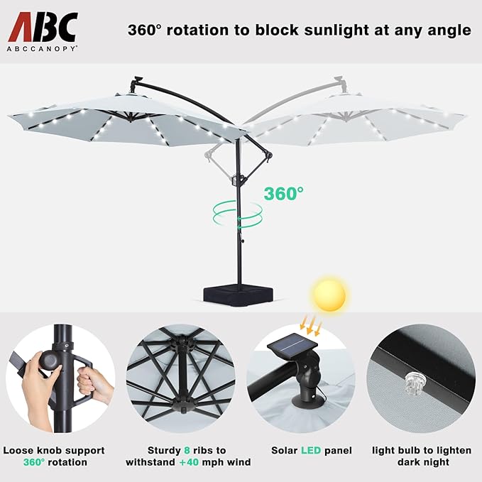 ABCCANOPY 10 FT LED Patio Umbrellas Cantilever Umbrella with base, 360° Rotation Outdoor Lighted Offset Umbrella Bonus Fixed Frame & Weights Bag for Backyard, Deck, Poolside (Gray)