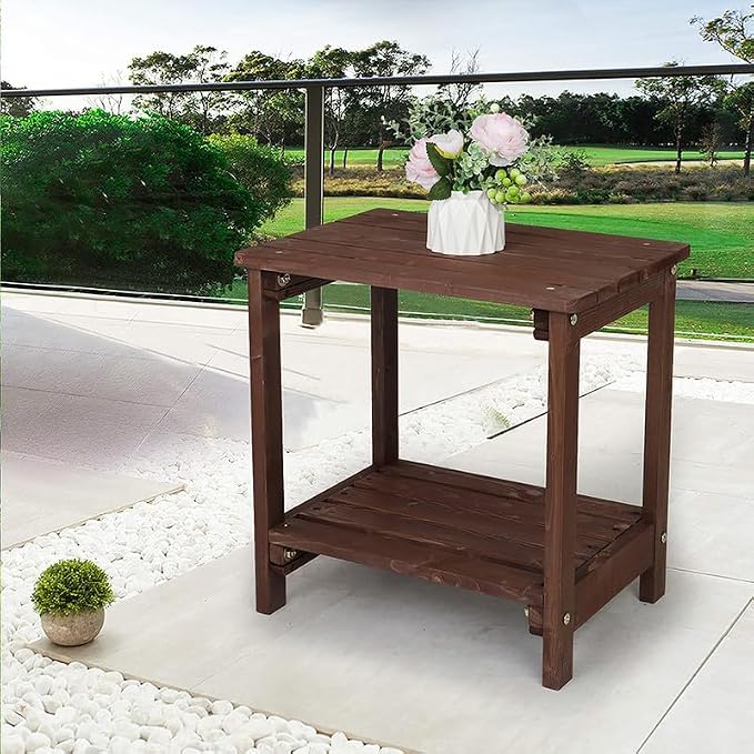 NOLLAM Outdoor Patio Side Table, Simple Design End Table with Wood Grain Tabletop and 2-Tier Storage Shelf, 20" x 14" Coffee Table for Outside Deck Porch Garden Backyard, Load 110 LBS, Light Brown