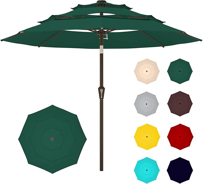 Ayge 9FT 3-Tier Large Outdoor Patio Umbrella Market Table Umbrella-UV Resistant,Easy Push Button Tilt and Crank,8 Sturdy Fiberglass Ribs Heavy-Duty Pool Umbrella for Deck,Backyard,Garden,Yard,Green