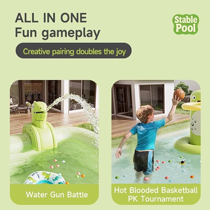 Rectangular Family Inflatable Swimming Pool,Green Dinosaur,118.1 inches 3-Layers PVC Inflatable Walls, Outdoor Backyard