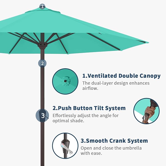 9FT Patio Umbrella with Fiberglass Ribs, Outdoor Market Table Umbrella with Crank and Tilt, UV Resistant Waterproof Canopy for Patio, Garden, Deck, Pool, Turquoise Blue