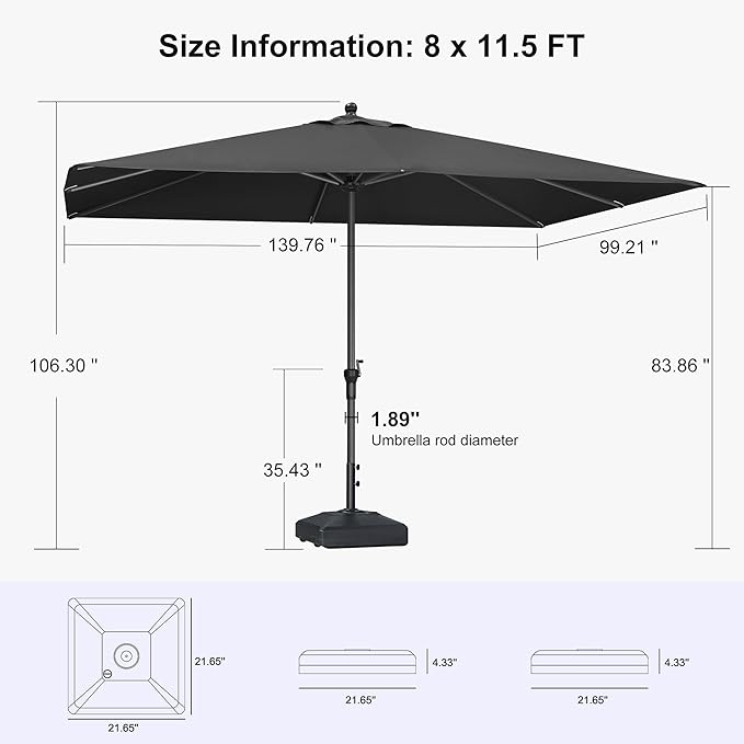 PURPLE LEAF 11.5' x 8' Rectangle Patio Market Umbrella with Base Outdoor Table Umbrellas Aluminum Frame Sun Shade with 8 Sturdy Ribs for Garden Deck Lawn Pool Black
