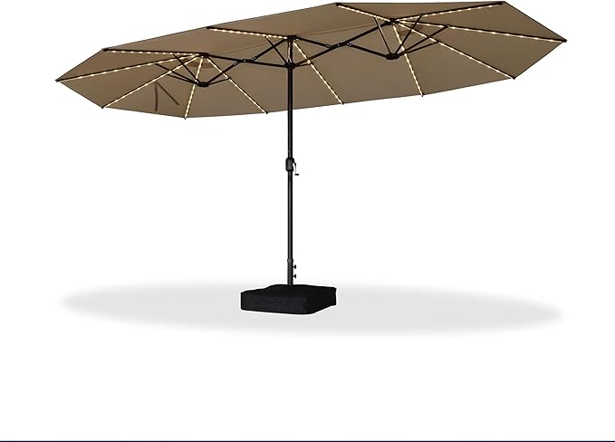 PURPLE LEAF 15ft Patio Market Umbrella with Solar LED and Base Double-Sided Rectangle Outdoor Table Sun Umbrellas with Crank for Pool Beach Deck Backyard Khaki