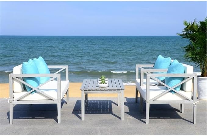 Safavieh PAT7031A Collection Nunzio Teak and White and Navy 4 Pc Accent Pillows Outdoor Set