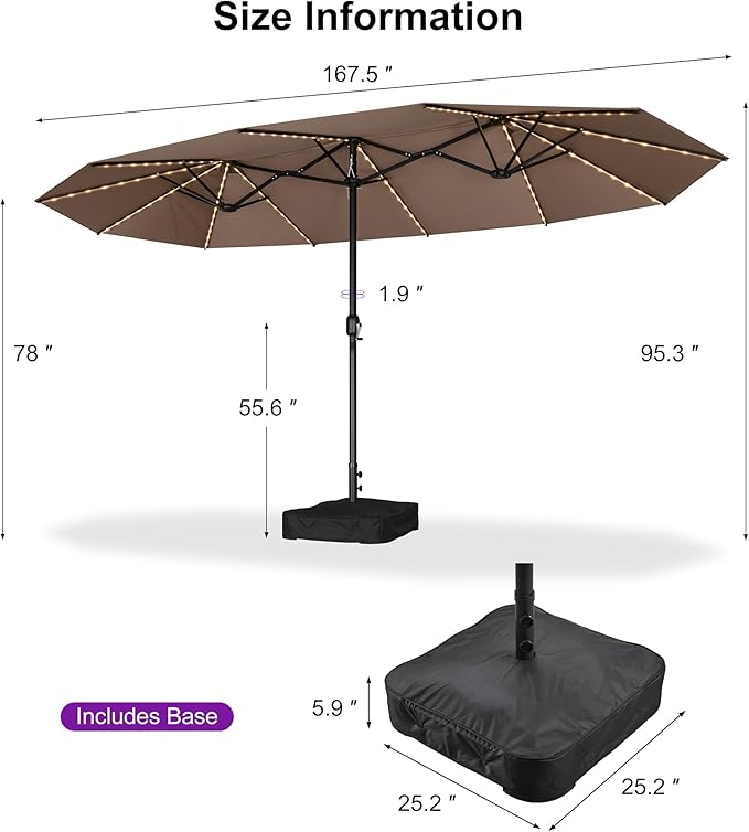 PURPLE LEAF 14ft Patio Market Umbrella with Solar LED and Base Double-Sided Rectangle Outdoor Table Sun Umbrellas with Crank for Pool Beach Deck Backyard Taupe
