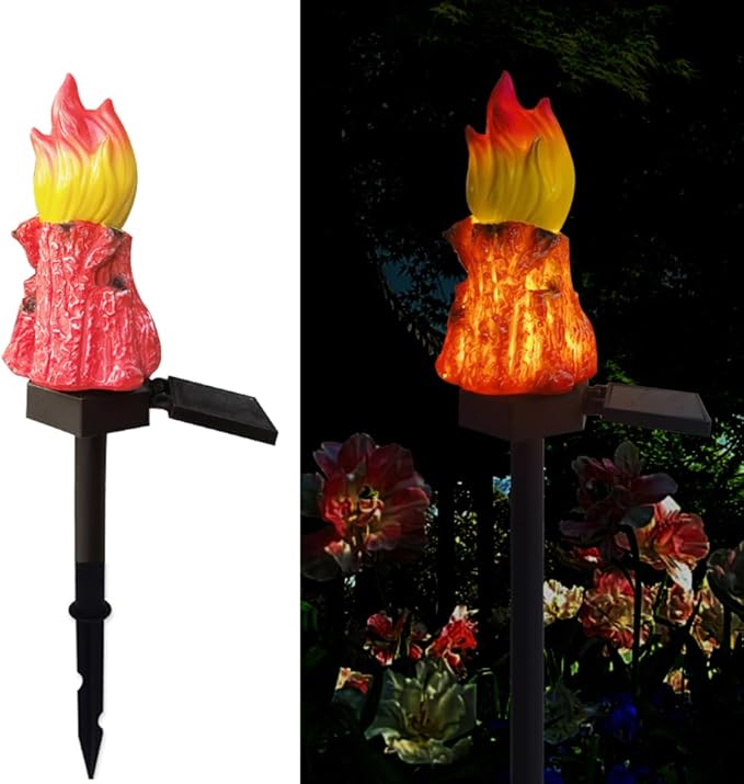 Solar Powered Red Bonfires Lights, Garden Decorative Resin Cute Red Torch Ground lamp, Wireless Dusk to Dawn LED Lights Waterproof.