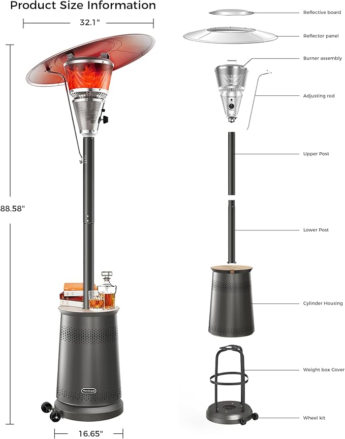50,000 BTU Patio Heater for Outdoor Use With Adjustable Heat Focusing Top, Portable Propane Patio Heater with Wheels, Stainless Steel Burner for Porch, Deck, Garden, Commercial(Black)
