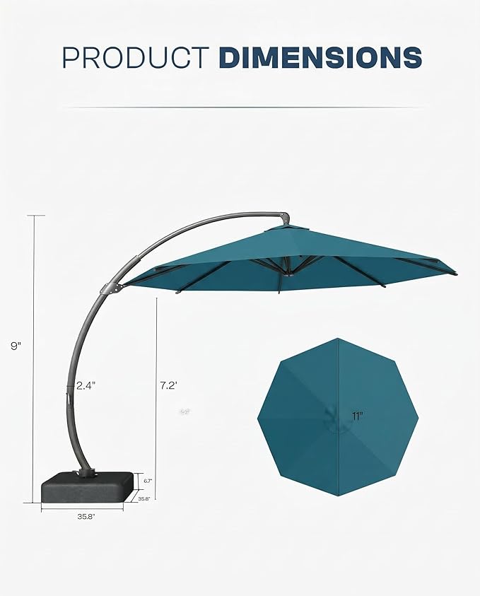 11 FT Cantilever Umbrella with Base Included, Large Round 360° Rotation Offset Umbrella Outdoor Patio, Heavy Duty Aluminum Frame, Sand-Weighted Stand, for Deck, Backyard, Pool, Garden (Lake Blue)
