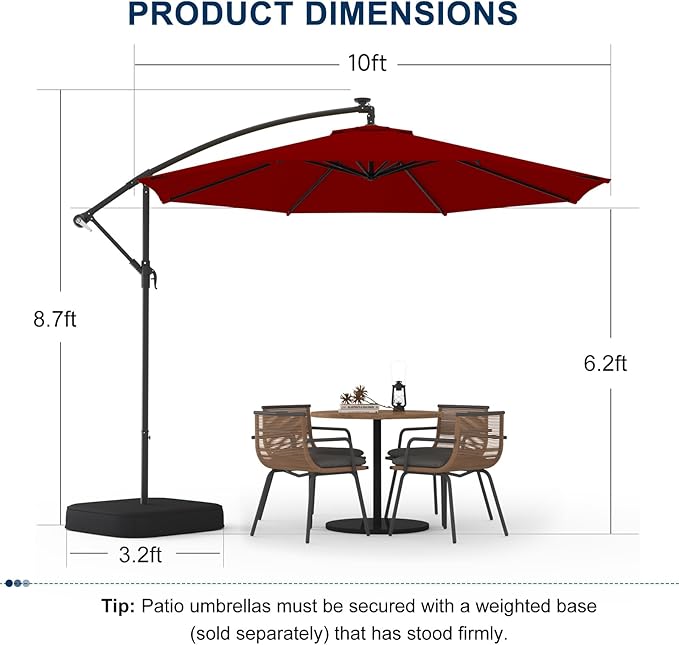 EROMMY 10FT Patio Umbrella with Base Included, Outdoor Offset Cantilever Umbrella, Infinite Tilt, Crank and Cross Base, UV Protection for Backyard, Lawn, Garden & Pool