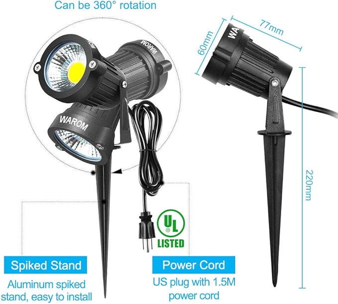 LED Landscape Spotlight Outdoor,IP65 Waterproof Garden Spotlights,5W AC 120V Yard Flood Light,Metal Ground Stake Lawn Lights,6500K LED Spotlight with 1.5M UL-Listed Cord and 3-Plug (2 Packs)