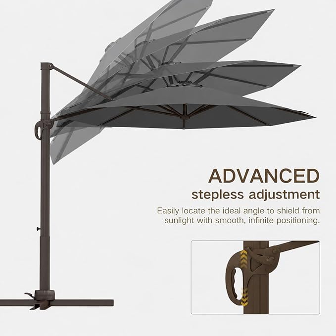 Kingdura Cantilever Patio Umbrella with Double Top Vent, Large Square Aluminum Outdoor Offset Umbrella with 360-degree Rotation, Infinite Tilt, UV Protection for Pool Deck Garden Patio