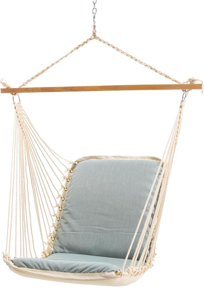 Original Pawleys Island Sunbrella Cushioned Single Swing – Cast Mist, Oak Spreader Bar, 350 lb Capacity, 24 in. x 24 in., Handcrafted in The USA