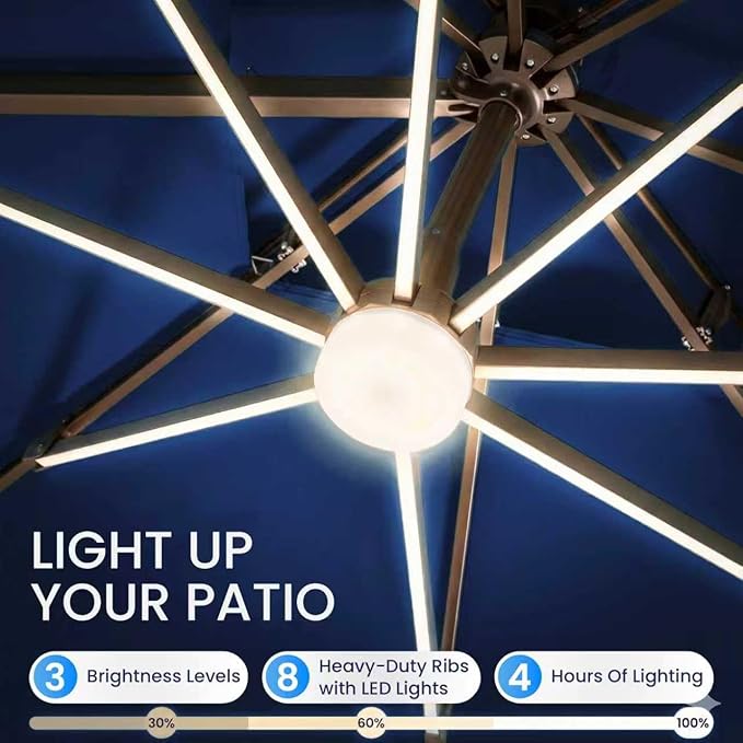 10x10 FT Cantilever Patio Umbrella with Base and Led Lights Double Top Outdoor Square Large Heavy Duty Aluminum Offset Umbrellas with 7 Level Tilt 360-degree Rotation for Pool Garden Deck, Navy