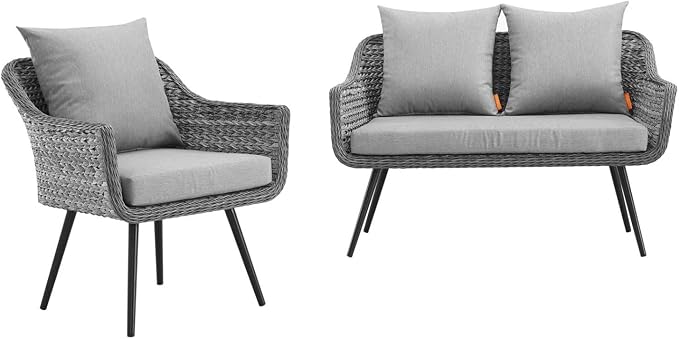 Modway EEI-3174-GRY-GRY-SET Endeavor 2 Piece Outdoor Patio Wicker Rattan Sectional Sofa Set, Gray