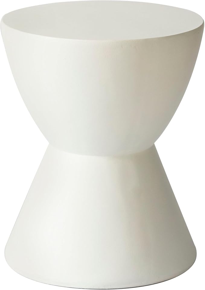 LeisureMod Loft Series White Fiberstone Side Table - Modern Hourglass Round Pedestal - 18-inch Weather-Resistant Accent for Outdoor Patio and Indoor Living Room Decor