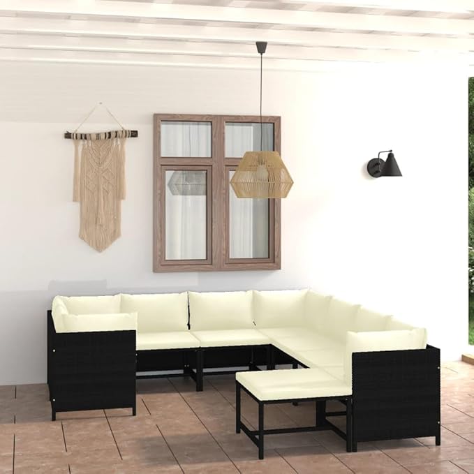 9-Piece Modular Patio Set, Black & Cream PE Rattan 8-Seat Sectional with Washable Cushions, Weather-Resistant for Garden, Balcony, Deck