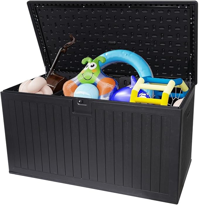 Extra Large Lockable Metal Deck Box, Waterproof Outdoor Patio Storage Container for Furniture Cushions, Pool Accessories & Garden Tools (Black + Plastic, 230, Gallons)