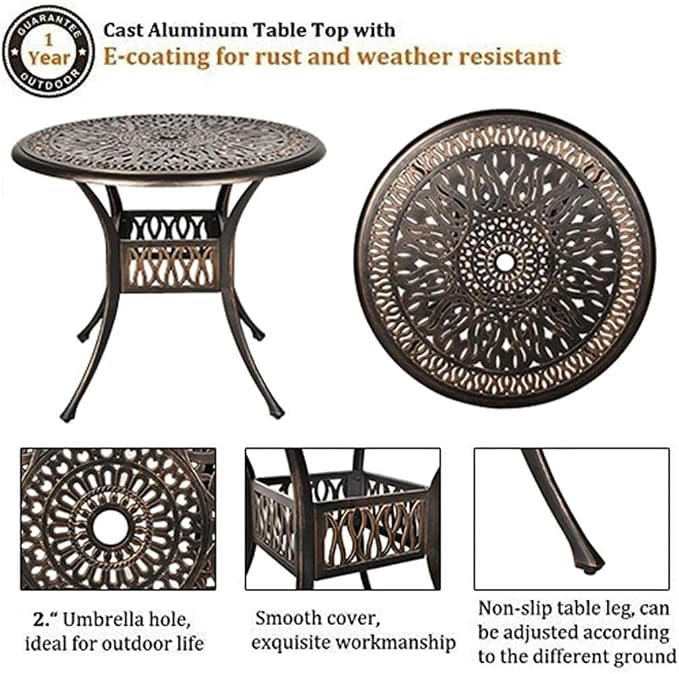 Grepatio 5 Piece Outdoor Dining Set Cast Aluminum Patio Dining Set Table and Chairs Outside Furniture 4 Swivel Chairs with Cushion and 1 Umbrella Hole Round Dining Table for Lawn Garden Patio (Khaki)