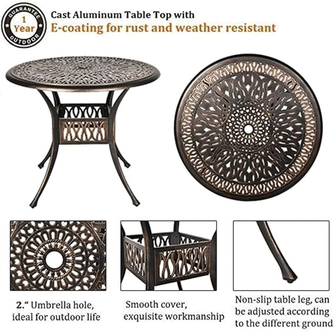 Grepatio 5 Piece Outdoor Dining Set Cast Aluminum Patio Dining Set Table and Chairs Outside Furniture 4 Swivel Chairs with Cushion and 1 Umbrella Hole Round Dining Table for Lawn Garden Patio (Khaki)