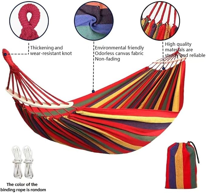 Cotton Canvas Hammock with Tree Straps - Portable Hammock for Outdoor Indoor Patio Backyard, Camping Hammock with Carry Bag, 440lbs Capacity, Without Stand(Red, with bar)