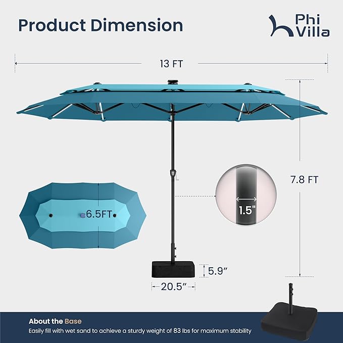 PHI VILLA 13ft Patio Umbrella with 120 PCS Solar-Powered LED Color-Changing Lights, 2-Tier Double-Sided Large Rectanglular Umbrella with Base Included, Blue&Cerulean