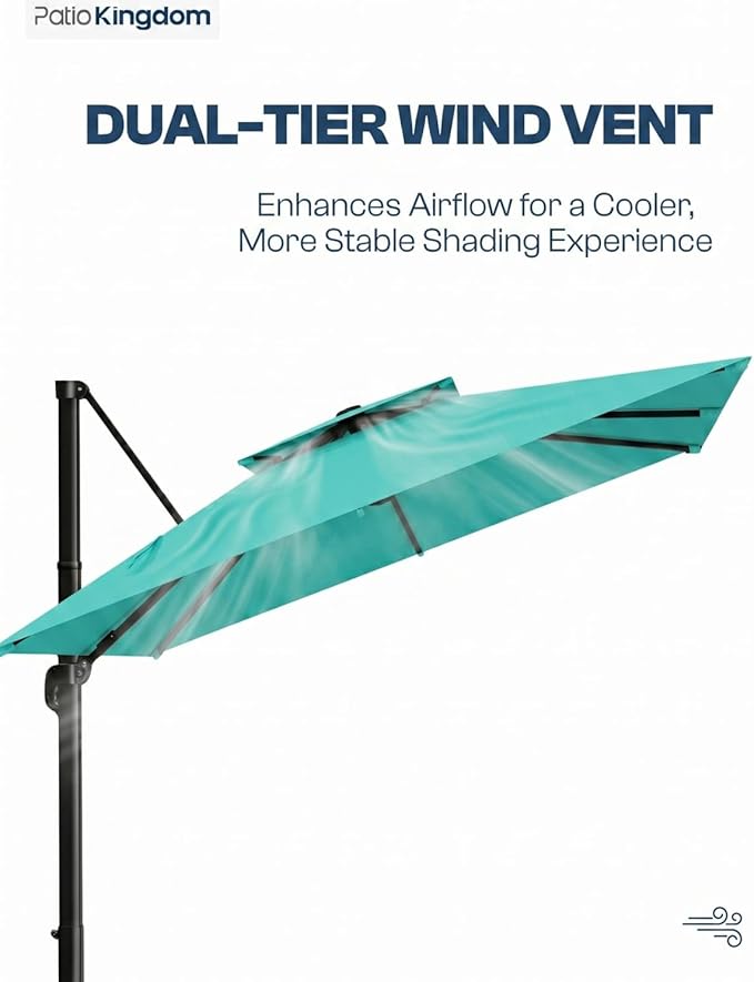 10'×10' Patio Umbrella, Double Top Aluminum Cantilever Umbrella with 360°Rotation, Offset Patio Umbrella with Easy Tilt for Pool Deck Garden Backyard, Turquoise (Base not Included)